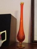 reddish orange thumbprint vase with yellow base and fringed edge approximately 20 in tall
