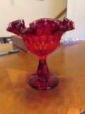 cranberry and orange glass thumbprint fluted edge pedestal dish