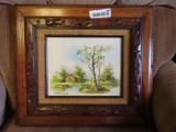 wood framed cabin and tree painting by Melton