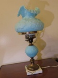 blue frosted floral electrified oil lamp with marble base (Fenton). matches 487