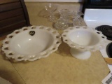 Anchor milk glass bowl with cut out edge and pedestal dish with cut out edge