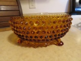 amber glass hobnail footed centerpiece dish