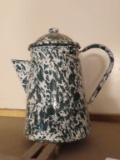green and white swirled granite ware pitcher