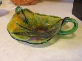 green Carnival Glass leaf motif double handle dish