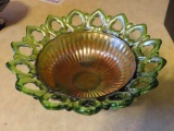 Northwood green Carnival Glass cut out edge footed dish