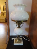 milk glass floral lamp with marble base (Fenton)