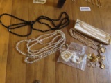 costume jewelry necklaces, pins, bracelets with pearls, and clear and black beaded necklaces