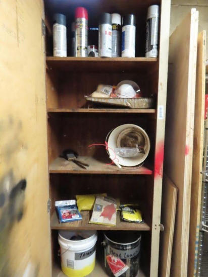 contents of cabinet including gloves. ponchos. painting supplies and spray paints