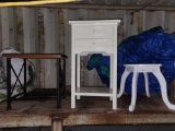 white nightstand. white stool and plant stand