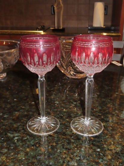 pair of Waterford crystal stemware glasses with cranberry tops