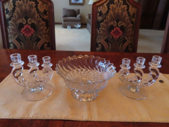 glass centerpiece set including candy dish and candelabras
