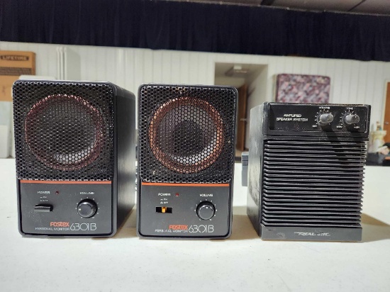 Realistic amplified speaker and Fostex model 6301B personal monitor speakers