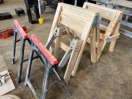Wooden and plastic sawhorses