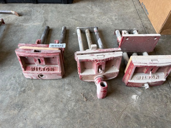 Lot of three Wilton woodshop vises. Missing parts
