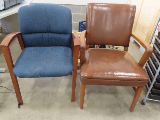 Faux leather armchair and blue fabric armchair