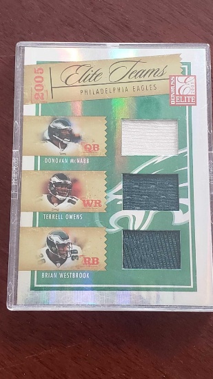 2005 Donruss Elite teams Donovan McNabb, Terrell Owens, and Brian Westbrook card