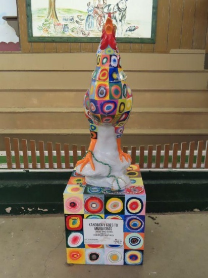 Kandinsky Goes to Mardi Gras, sponsored by Cocca's Pizza, and painted by Janice Stevens using