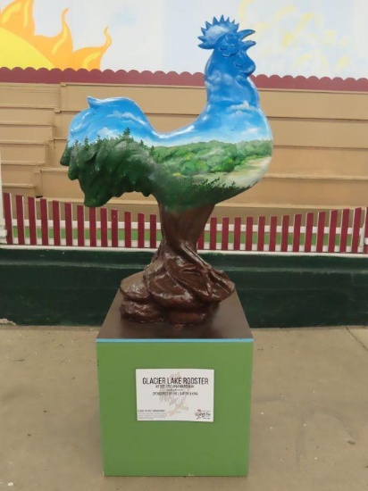 Glacier Lake Rooster, sponsored by Hill Barth & King, and painted by Stefania Marciniak using