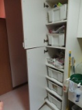 Cabinet full of storage containers filled with a variety of craft items including pipe cleaners