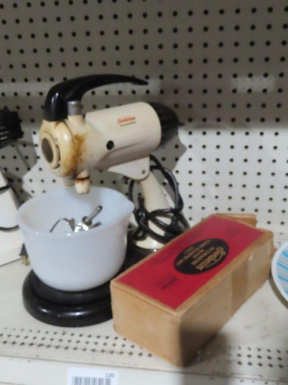 Vintage Sunbeam Mixmaster stand mixer with accessories