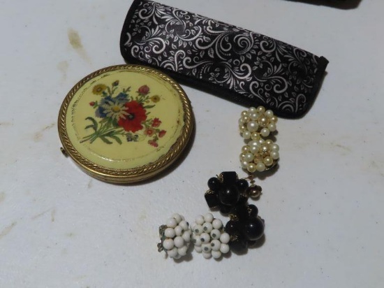 Clip on earrings. Powder box and glasses case
