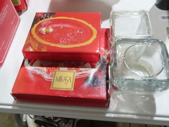 Mikasa serving platter, Studio Nova serving platter, and candle holders