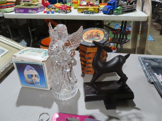 Metal reindeer stocking hanger, glass angel figurine and Halloween decorations