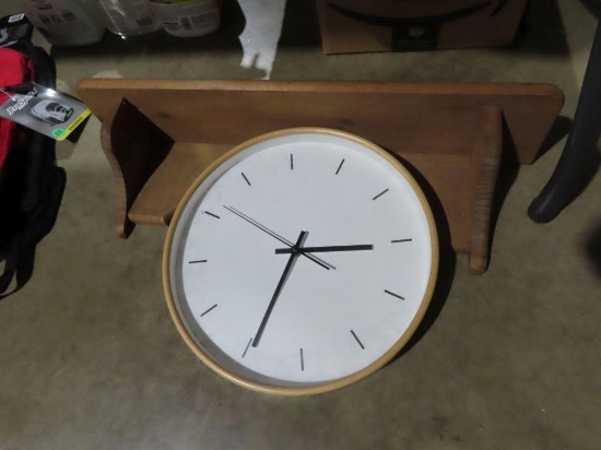 Battery powered wall clock and wooden wall shelf