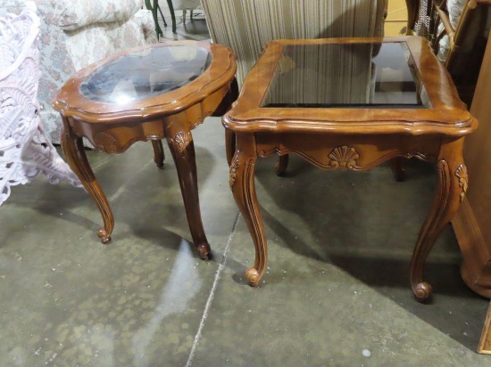 Lot of two cherry finish glass top end tables