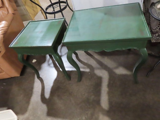 Green painted end tables. One has glass