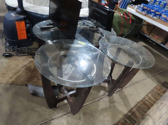 Pair of modern glass top end tables and coffee table