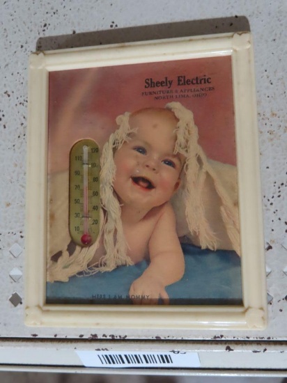 Antique Sheely...Electric, furniture and appliances, North Lima, Ohio advertising thermometer