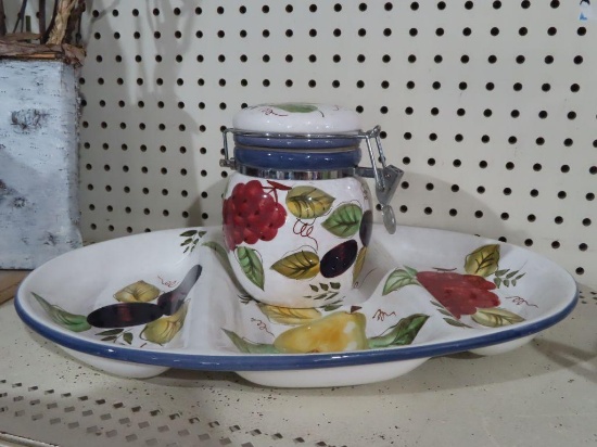 Oneida vintage fruit divided plate and canister