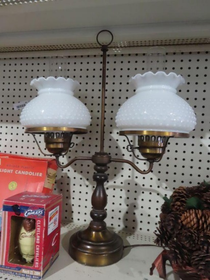Double student lamp with hobnail milk glass shades