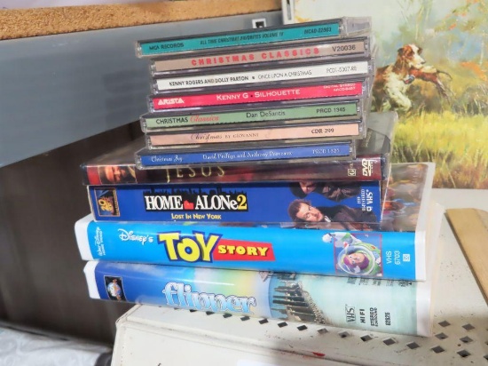 Assorted VHS tapes, DVD and CDs