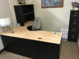 C-SHAPED DESK, CHAIR, FILE AND HALL TREE