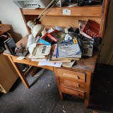 Mahogany cabinet, filing cabinets, oak desk, and maple hutch