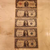 (4) One dollar...silver certificates and (1) Two dollar...bill