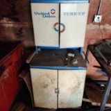 United Delco vintage tune-up cabinet with contents