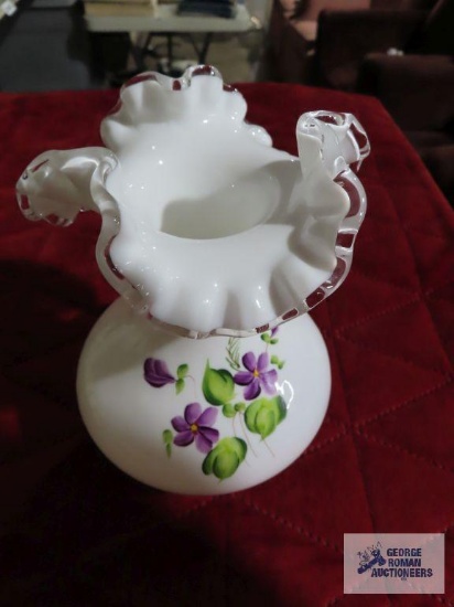Fenton floral painted frilled edge white glass vase