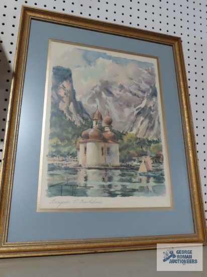 Konigssee, St. Bartholoma watercolor painting by G. Cloppuis