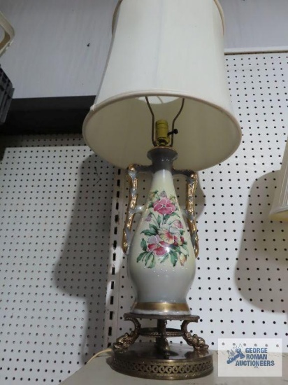 Brass and ceramic pansy painted lamp