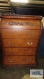 Cherry finish chest of drawers by Ashley Furniture. Hardware needs replaced, matches lots 184, 198,