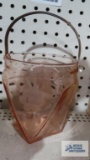 etched pink depression glass basket with metal handle