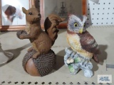 Ceramic owl and resin squirrel figurines