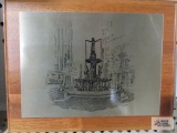 Fountain print on metal with wood backing