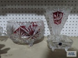 Cranberry and pressed glass bird motif vase, Crystal Barbara Bohemia footed dish and glass footed