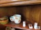 Halls dishes, floral salt and pepper shakers and tin