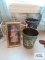 Decorative metal wastebaskets, magazine basket, and wall hanging