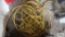 Heavy duty yellow extension cord with three outlet end